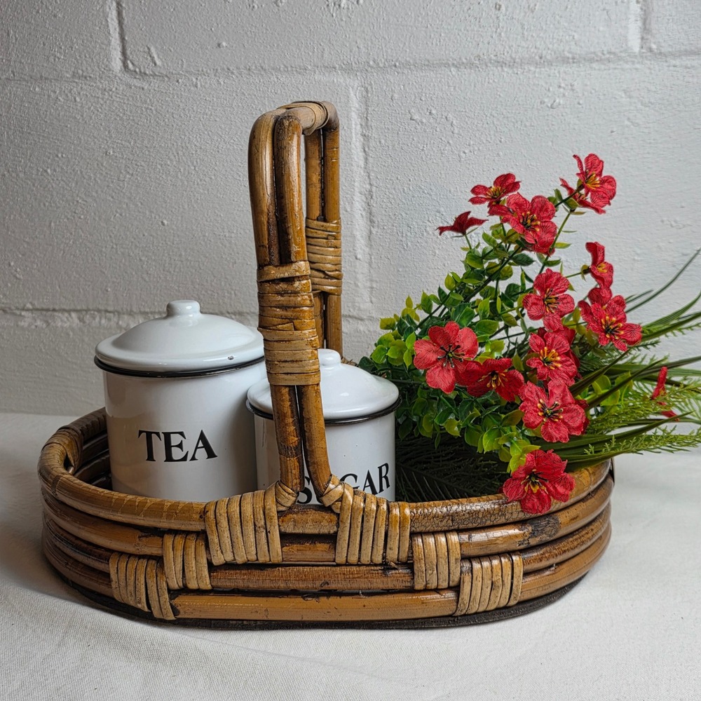 Vintage Bentwood Rattan Oval Basket Tray with Handle Brown Wood Base